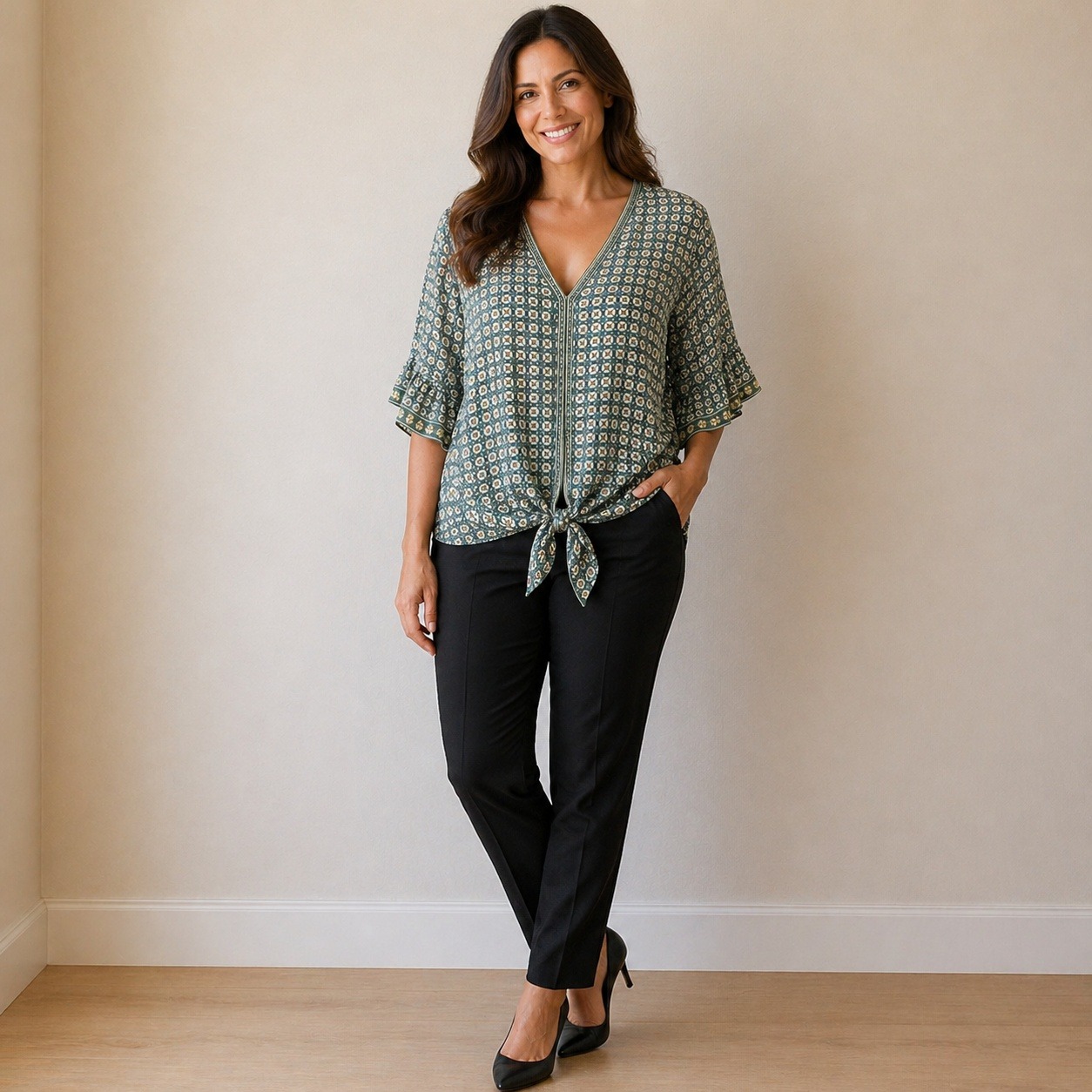 Max Studio-Green Boxy Blouse With 3/4 Sleeves Size L